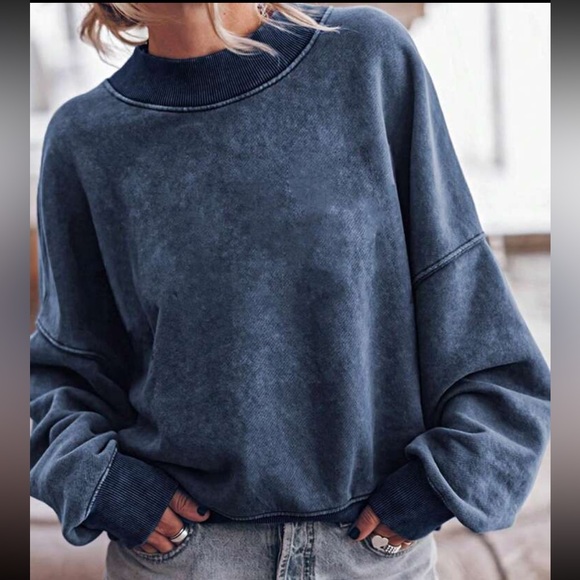 Tops - Boho Cotton Mineral Washed Oversized Mock Neck Dolman T Shirt Top Sweat Shirt